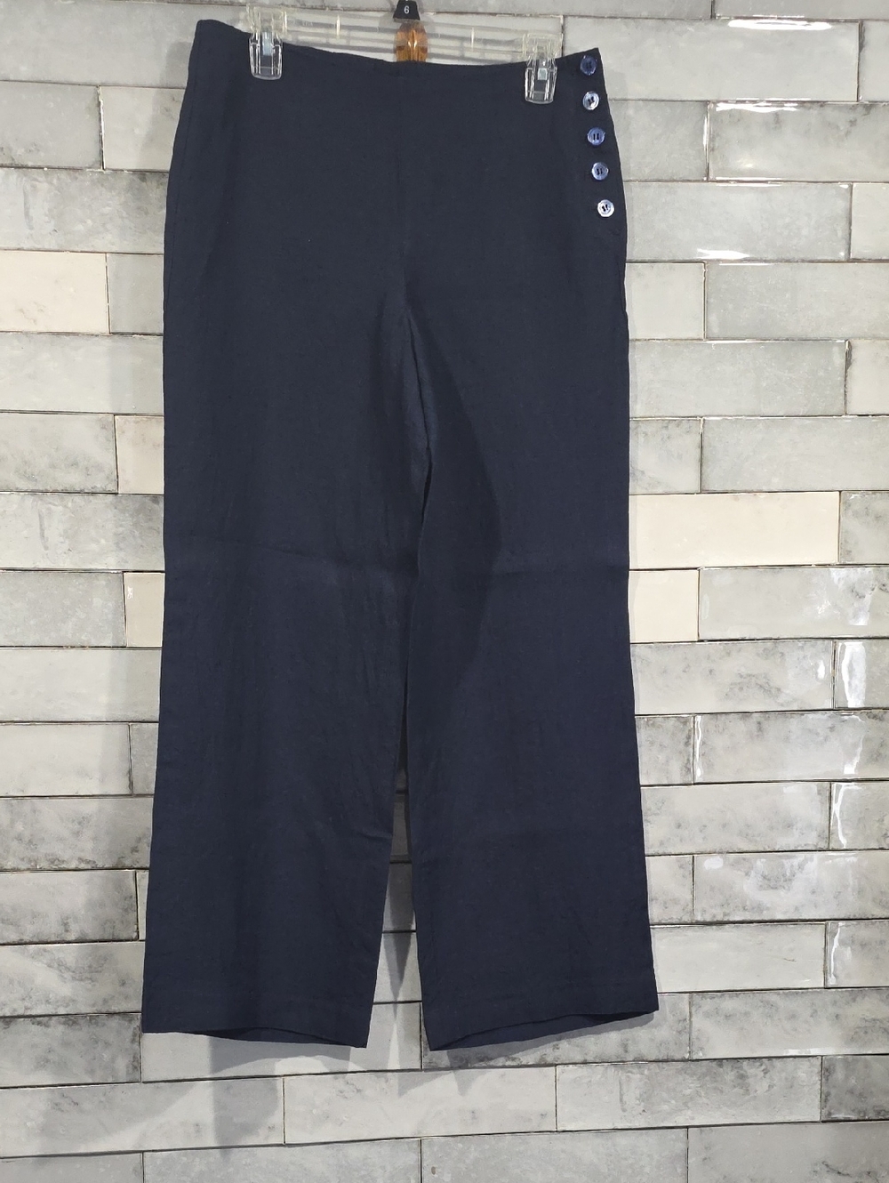 Talbots Navy Wide Leg 100% Linen. Cropped Pants with Side Button Accents Size 8p